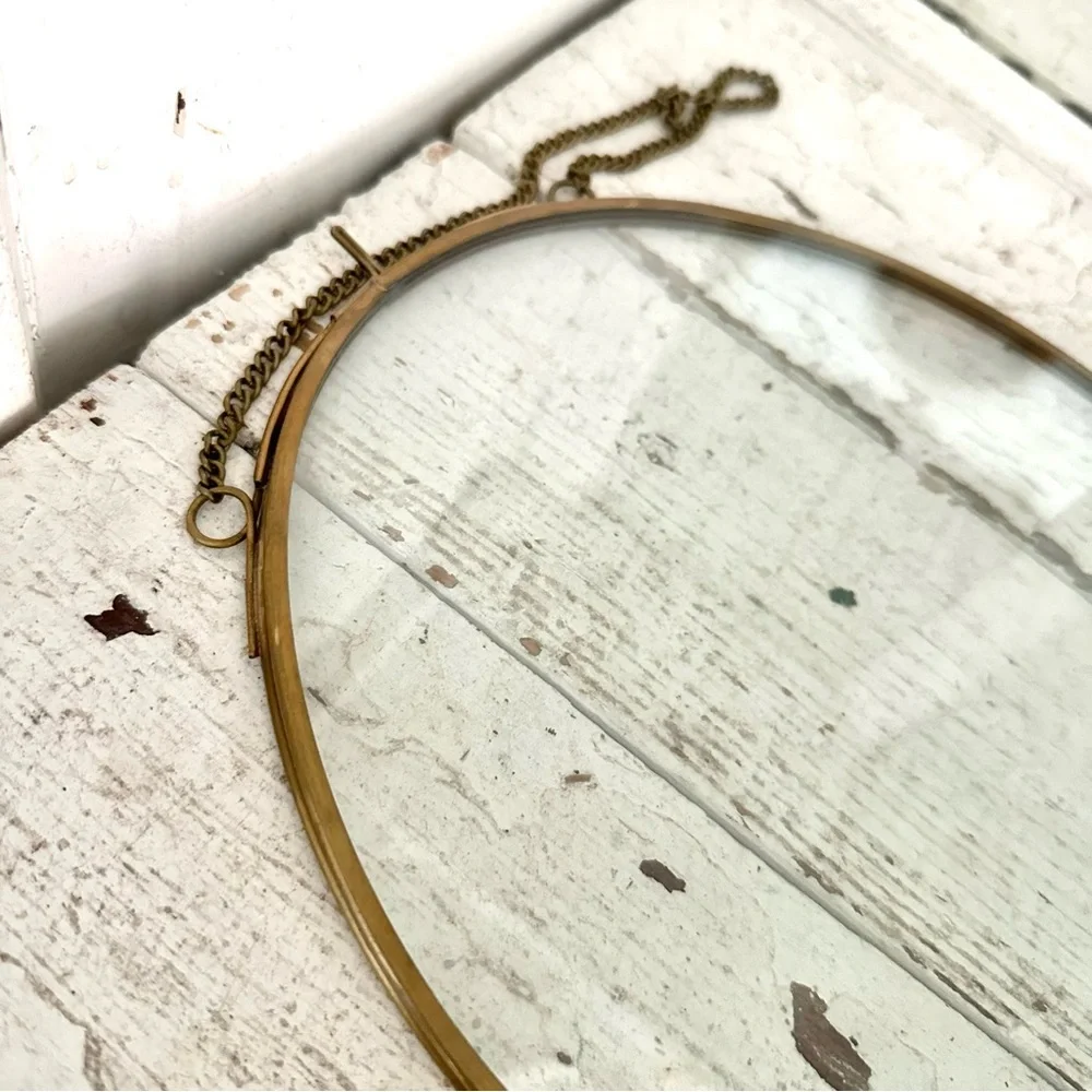 Vintage Style Brass Look Frame Oval Fringe Bottom Clear Glass Photo Picture Boho